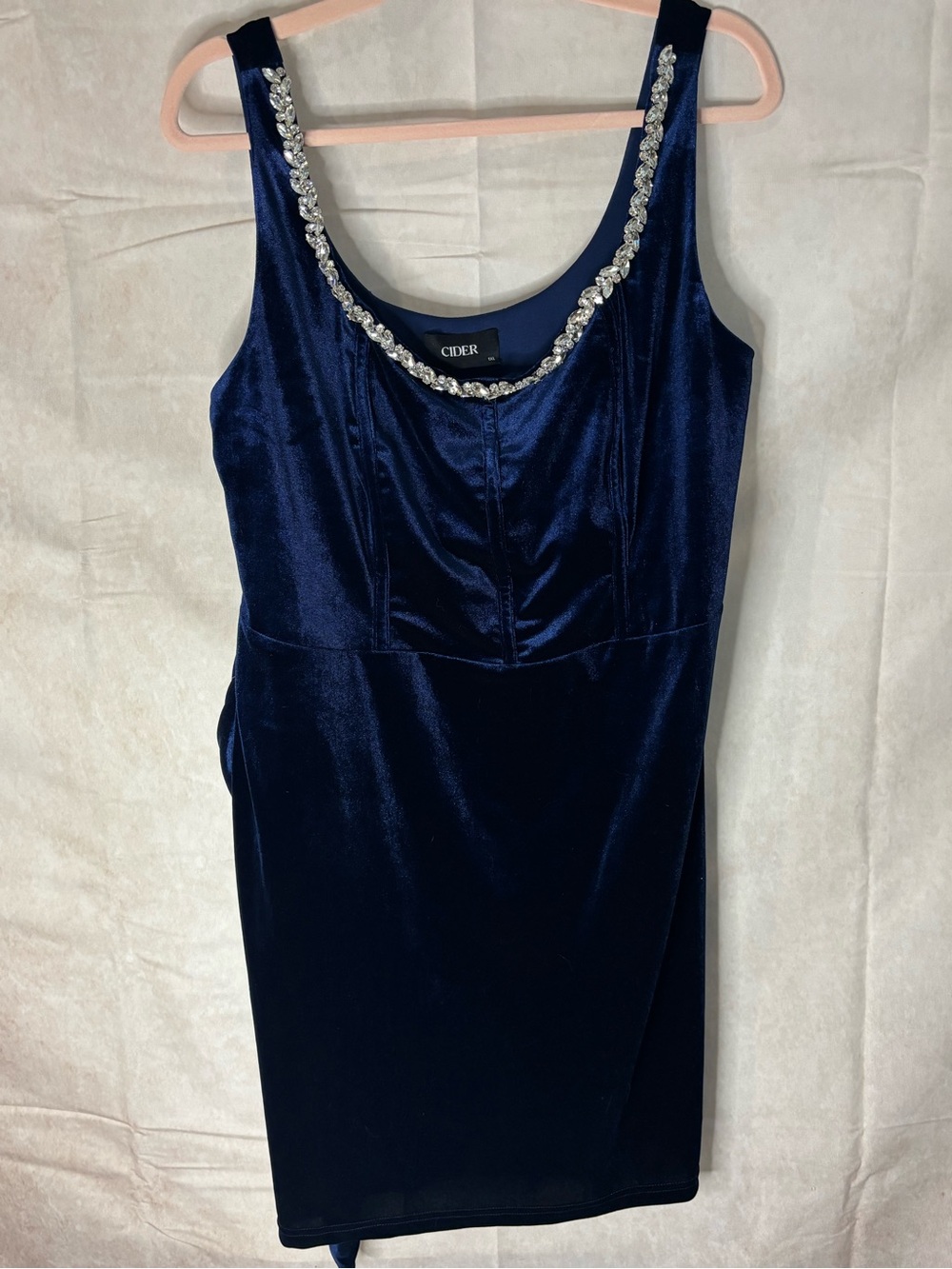 Cider Navy Velvet Midi Dress with Crystal Scoop Neckline
